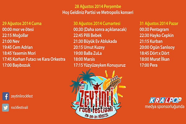 Zeytinli Rock Festivali Konser Programı